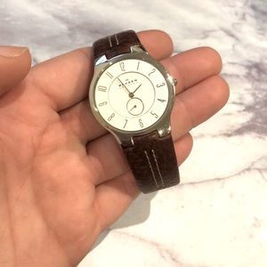 Skagen Denmark Silver and Brown leather band Watch